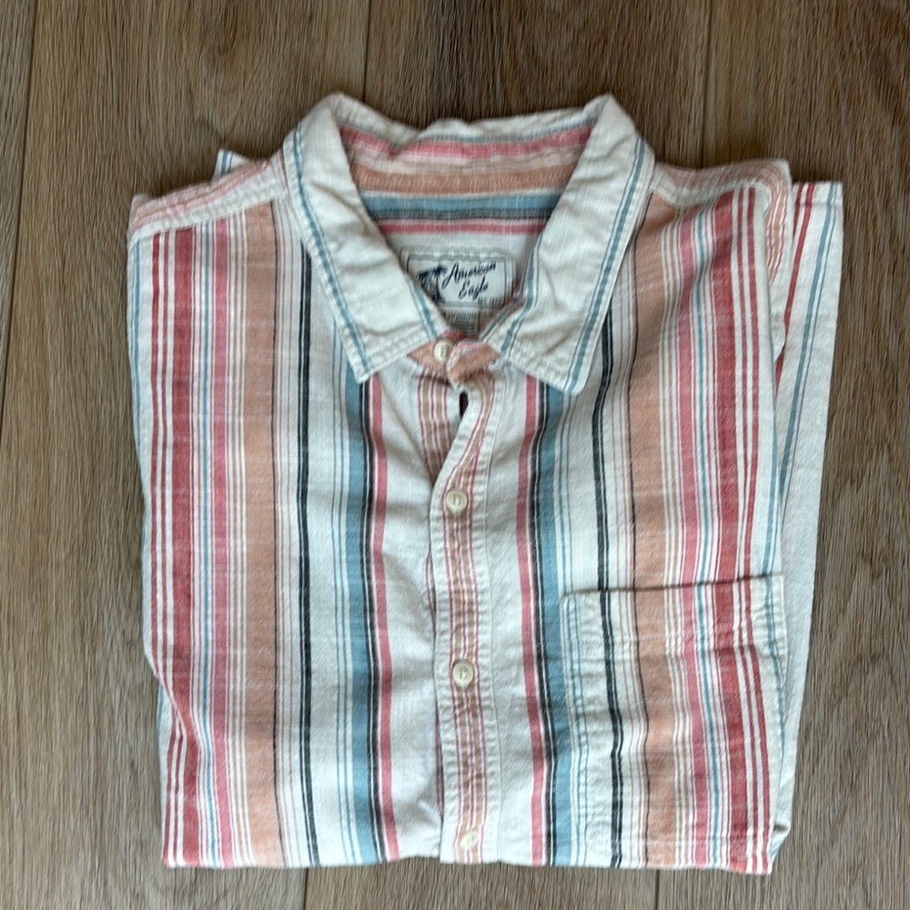 American Eagle Outfitters Pink and Blue Casual Button Down Shirt